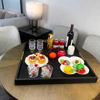 24x24 Inches Extra Large Black Faux Leather Wrapped Wood Ottoman Tray with Golden Handles for Serving Food and Breakfast On Bed, Square Coffee Table Organizer, Home Decor and Decorative