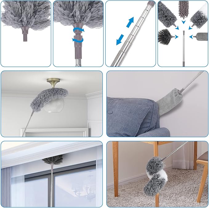 Microfiber Extendable Feather Duster (11pcs) with 100" Extension Pole, Washable Reusable Bendable Dusters for Cleaning Ceiling Fan, High Ceiling, TV, Blinds, Cars