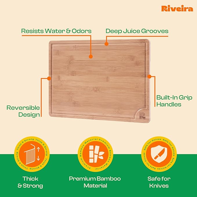 Riveira Brown Bamboo Wood Cutting Board – Gourmet Bamboo Grandeur: 20 x 14 Wooden Cutting Board – Wooden Cutting Boards For Kitchen Decorative – Innovative Juice Grooves Wooden Chopping Board