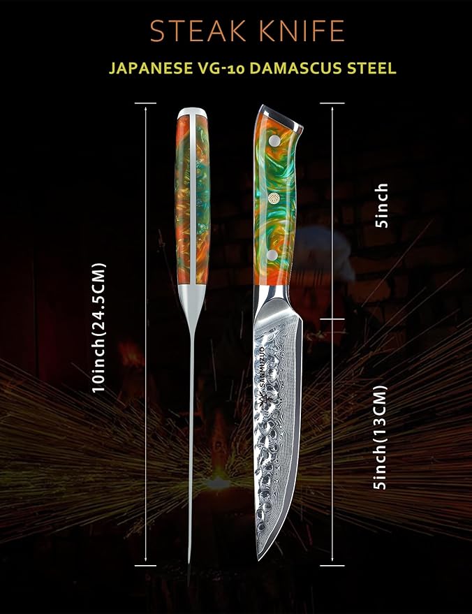 Steak Knives Set of 4, Ultra Sharp Kitchen Steak Knife 5 Inch - Forged Damascus Steel & Resin Handle - Yao Series