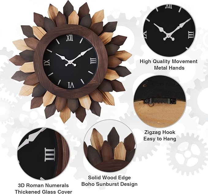 24'' Large Wall Clock for Living Room Deco Boho Decorative Big Oversized Silent Battery Operated Farmhouse Wood Wall Clock for Office Home Dinning Room Bedroom Kithen