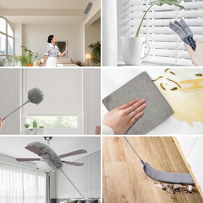Dusters for Cleaning, 9 in 1 Kit 100” Feather Duster with Extension Pole, Retractable Bendable Washable, Cobweb Duster Chenille Gap Dust Brush Blind Duster for Cleaning High Ceiling Fans Furniture