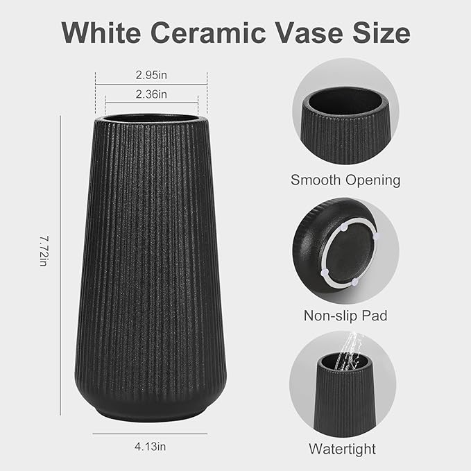 Matte Black Ceramic Vase, GUKJOB Small Cute Flower Vase for Pampas Grass, Home, Living Room, Dining Table, Farmhouse, Office Decor, Bedroom, Table, and Kitchen Shelf (Matte Black)