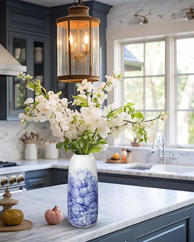 Blue and White Chinoiserie Vase - 11.8" Porcelain Flower Vase for Centerpieces and Dining Table Decor