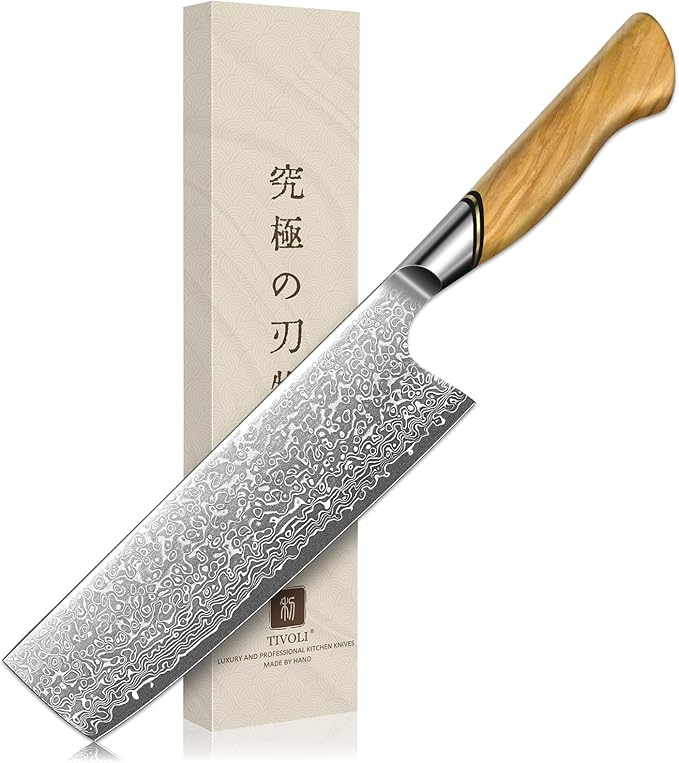 TIVOLI Damascus Nakiri Knife 6.5 Inch – Japanese VG-10 Multipurpose Kitchen Knife for Vegetables and Meat with Ergonomic Olive Wood Handle, Gift for Mom & Dad
