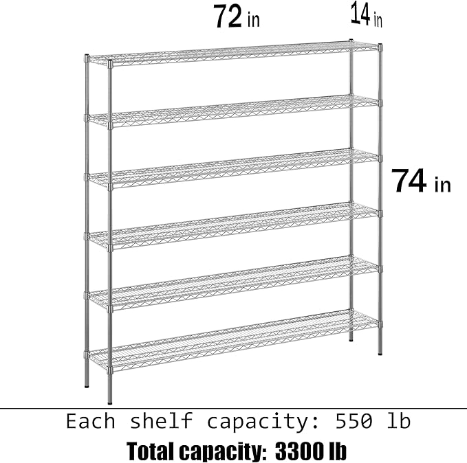 14" Deep x 72" Wide x 74" Height Wire Shelving Kit | 6-Tier | NSF Commercial Storage Rack Unit