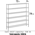 14" Deep x 72" Wide x 74" Height Wire Shelving Kit | 6-Tier | NSF Commercial Storage Rack Unit