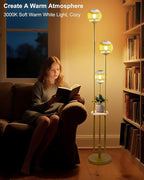 Lightdot Glass Floor Lamp with Shelf, 63IN Dimmable Mid Century Modern Gold Standing Lamps with 3 3000K Soft Warm White Bulbs Included, Globe Floor Lamp for Living Room/Wedding/Office