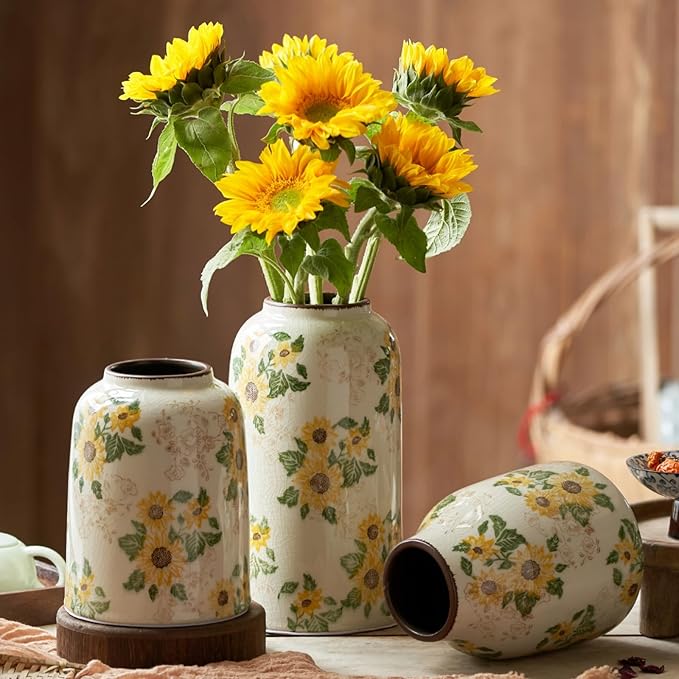 Levvohd Vintage Ceramic Vase, 10.6 Inch Chinoiserie Sunflower Yellow Floral Vases, Retro Ice Cracked Rustic Antique Flower Vases for Modern Room Bathroom Shelf Home Decor (Large Cylinder)