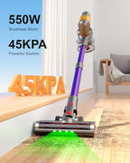 Cordless Vacuum Cleaner, 2 Batteries 120 Mins Runtime 45Kpa 550W, Stick Vacuum with Anti-Tangle Design, Self-Standing, Vacuum Cleaners for Home, Hardwood Floor, Carpet, Pet Hair