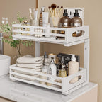 Under Sink Organizer, 2 Tier Under Sink Organizers and Storage, Adjustable Height, Slide out Metal Cabinet Organizers, Pull out Cabinet Storage Drawer Shelf for Kitchen Bathroom White, 2 Pack