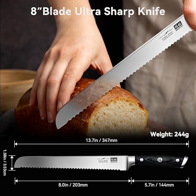 SHAN ZU 8" Bread Knife - Sourdough Slicing Knife Professional German 1.4116 Stainless Steel Serrated Blade, Ergonomic Wood Handle & Full Tang Design, Gift Box Included(Single-Edge)