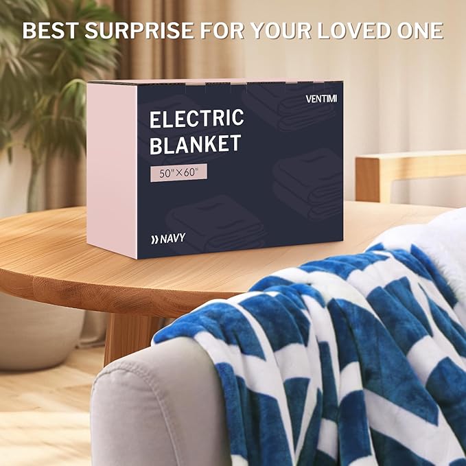 VENTIMI Electric Blanket Heated Throw, 50" x 60" Heated Blanket with 5 Heat Levels & 3 Hours Auto Off, Fast Heating Blankets with ETL & FCC Certification, Navy
