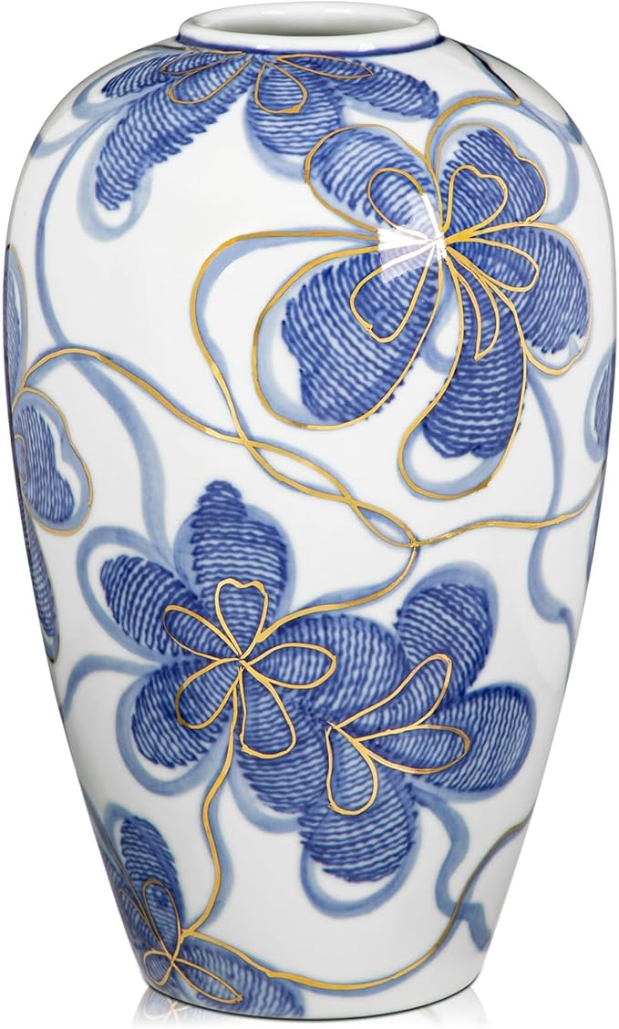 Blue and White Ceramic Vase for Home Decor – Hand-Painted Porcelain Flower Vase with Gold Accents – Chinoiserie-Inspired Home Decor Vases – 9" for Table, Shelf, or Mantel