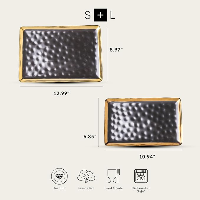 Stone Lain Florian Porcelain Large and Medium Rectangle Service Platters, Black with Gold Rim