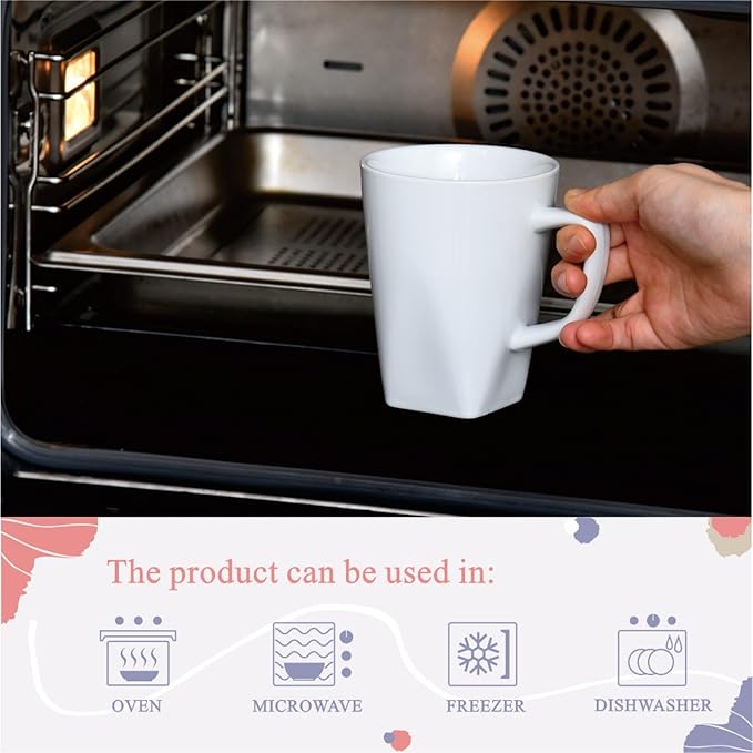 Miicol Porcelain Coffee Mugs Set of 6, Large Coffee Cups 14 oz, White Tea Cups, Ceramic Mugs for Latte, Cappuccino, Milk, Cocoa, Square Bottom, Microwave & Dishwasher Safe