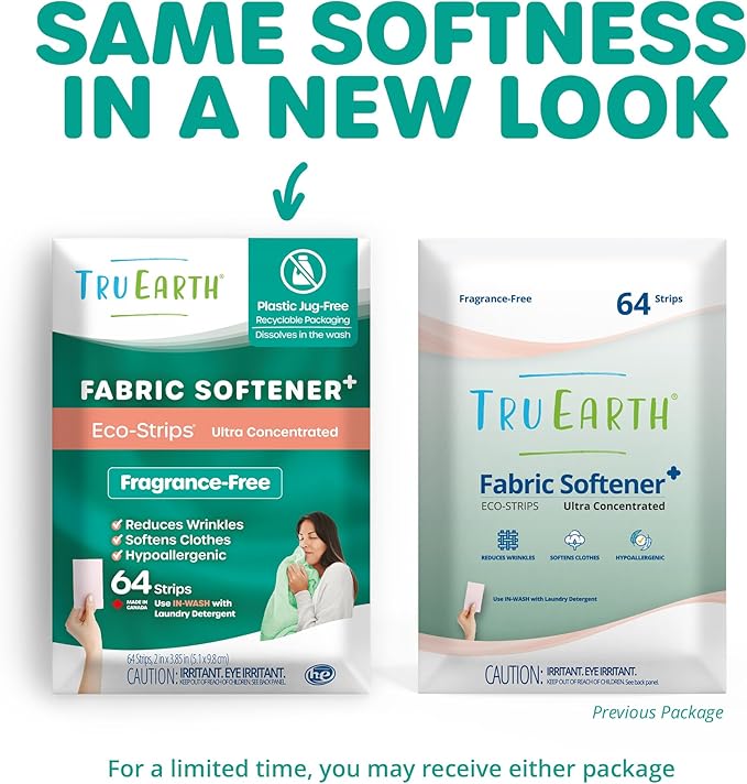 Tru Earth Fabric Softener Strips for Washing Machine, Alternative to Fabric Softener Liquid and Pods, Unscented Fragrance Free, Up to 128 Loads Per 64-Count