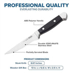 Viking Steak Knife Set, 8 Piece Stainless Steel Kitchen Knives Set with ABS Polymer Handles, Includes Wooden Gift Box, Hand Wash Only, Black