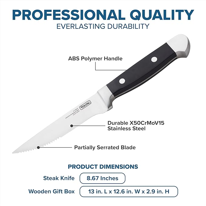 Viking Steak Knife Set, 8 Piece Stainless Steel Kitchen Knives Set with ABS Polymer Handles, Includes Wooden Gift Box, Hand Wash Only, Black