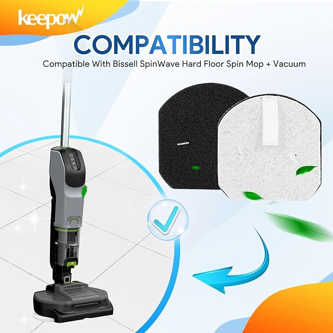 KEEPOW SpinWave Vac Filter Replacement Compatible with Bissell SpinWave + Vac Cordless 37643/3764 All-in-one Powered Spin Mop & Vacuum, Vacuum Mop Filters (2 Pack)