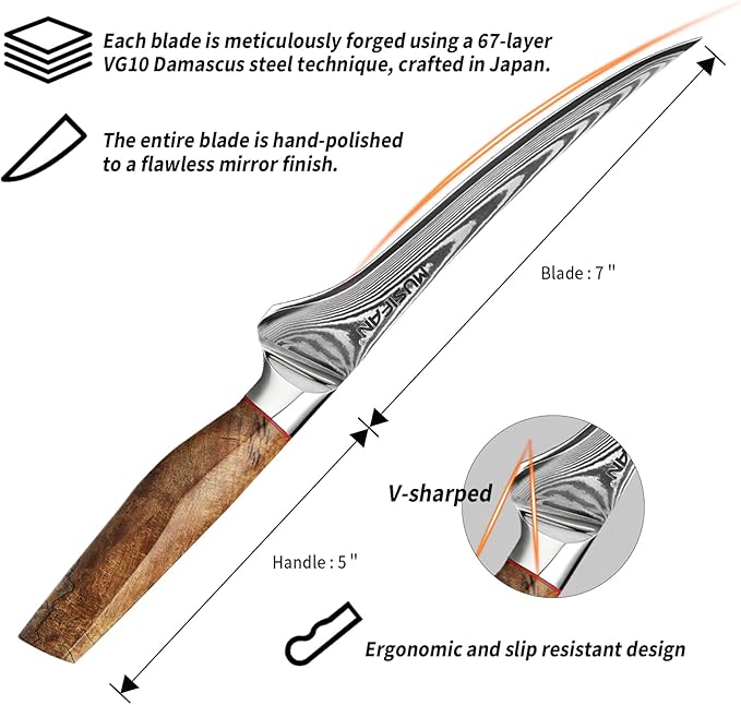 Fillet Knife 7 Inch, Precision Boning Knife for Efficient Meat Cutting and Boning， Boning Knife in high Carbon Steel