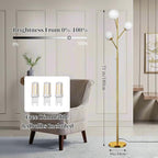 70in Gold 3-Globe Mid Century Dimmable Floor Lamp for Living Room G9 LED Bulbs Included,Modern Standing Lamp with Frosted Glass Shade for Bedroom,Studyroom Antique Brass Lighting(dimmer-Gold)