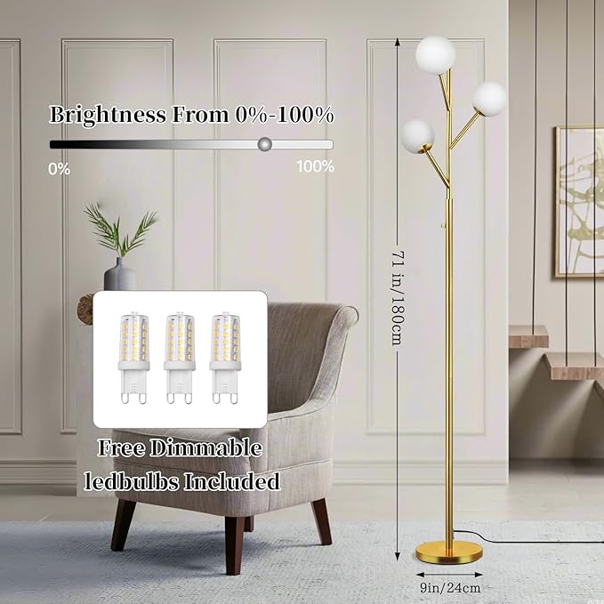 70in Gold 3-Globe Mid Century Dimmable Floor Lamp for Living Room G9 LED Bulbs Included,Modern Standing Lamp with Frosted Glass Shade for Bedroom,Studyroom Antique Brass Lighting(dimmer-Gold)