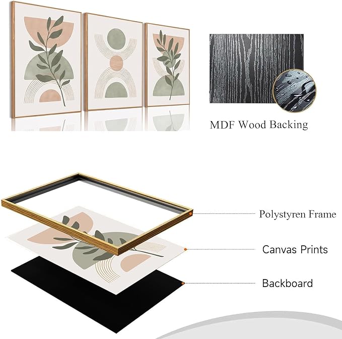 Bwodke Boho Wall Art, Framed Abstract Wall Art, Green Botanical Neutral Canvas Wall Decor, Large Mid Century Plant Pictures Set of 3, Modern Minimalist Paintings, for Bedroom Living Room Bathroom