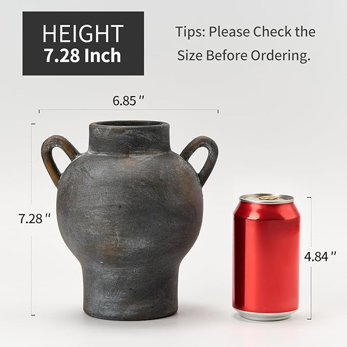 LUKA Antique Ceramic Vase with 2 Handle,7.28 inches Rustic Vase Minimalist Decor, Decorative Vases for Home Decor, Table, Living Room, Shelf, Christmas Decoration(Medium,Black)