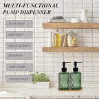 Glass Hand and Dish Soap Dispenser Set of 2 with Plastic Pumps, Bamboo Tray, 12oz Green Bathroom Soap Dispenser with Diamond for Hand Wash & Dish Wash, Ideal for Bathroom Kitchen Countertop