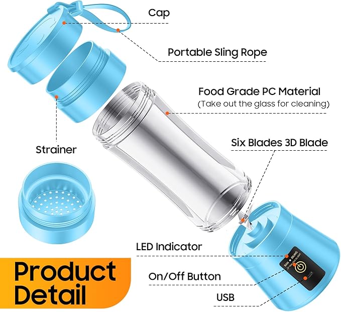 Portable Blender Make Shakes and Smoothies - USB Rechargeable Personal Size Mini Blender Freshly Squeezed, 380Ml BPA Free Travel Cup in Picnic/Office/Gym