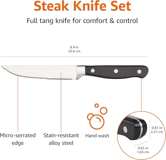 Amazon Basics 8-Piece Kitchen Steak Knife Set, 4.5", Black