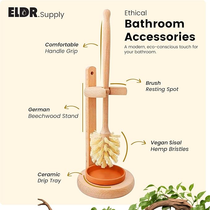 Toilet Bowl Cleaner Brush with Holder, 14 Inch Extra Long German Beechwood Handle, Strong Hemp Bristles, Ceramic Drip Tray, Biodegradable