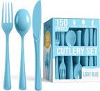 Party Solids Light Blue Plastic Silverware Heavy Duty 150 Pcs Light Blue Plastic Cutlery Sets, Utensil Sets, 50 Of Each Forks, Knives & Spoons Disposable Cutlery Set, Flatware Set For Party Supplies