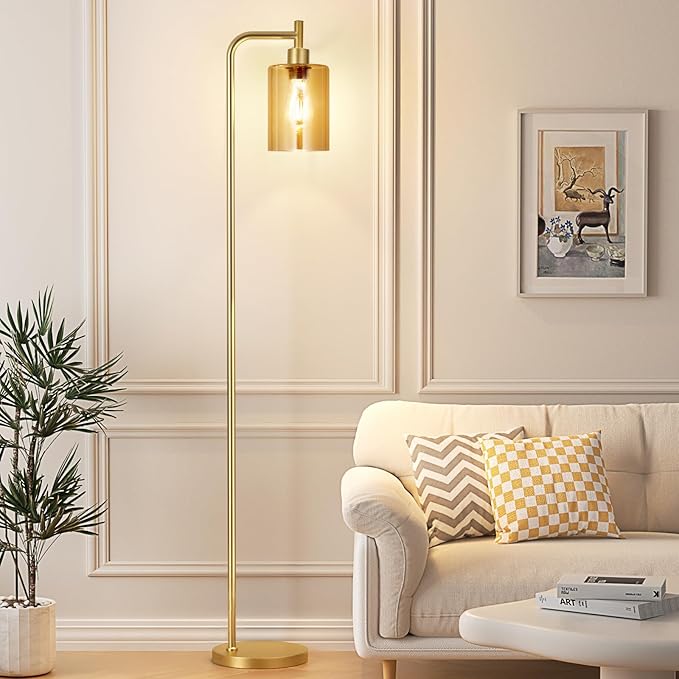 Floor Lamps for Living Room - Gold Standing Lamp with Amber Glass Shade, Modern Floor Lamp with LED Bulbs, Bright Industrial Floor Lamp for Bedroom, Farmhouse Tall Lamp for Office