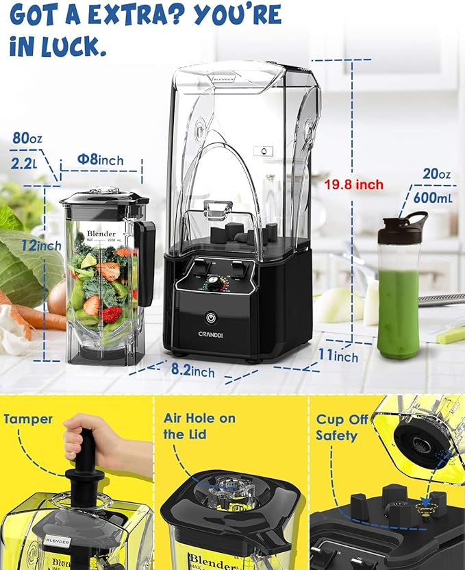 CRANDDI Quiet Commercial Blender with Soundproof Shield, 2200 Watt Professional Blenders for Kitchen with 80oz Jar and Self-Cleaning, High-Speed Blenders K90 Black
