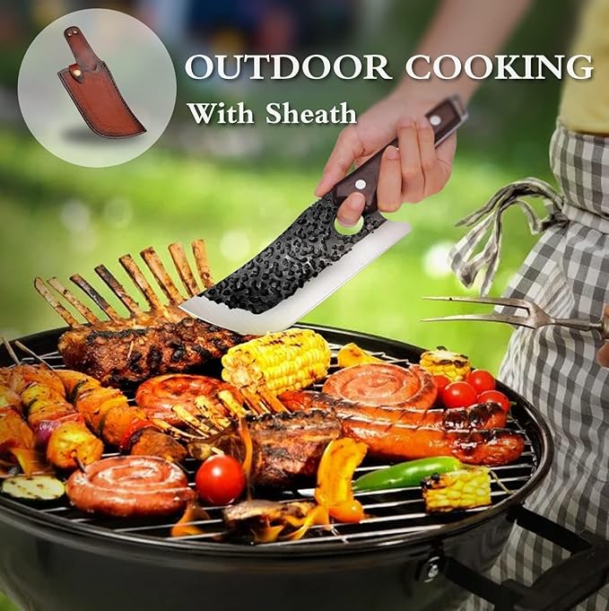 TOMBRO Meat Cleaver - 6.7" Heavy Duty Butcher Knife, High Carbon Steel Chef Knife,Full Tang Bone Chopper Meat Knife with Sheath for Outdoor Camping, BBQ, Kitchen