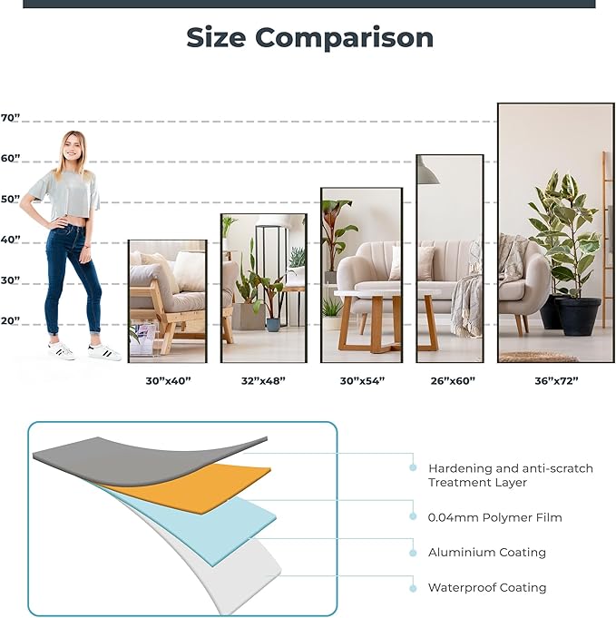 Unbreakable Glassless Mirror Ultra Light Shatterproof Wall Mounted Large Mirror for Dance Studio and Bedroom,0.04mm Nano Film, 30" x 40" Black