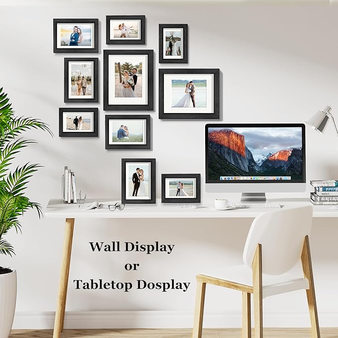 Picture Frames Set of 10 Balck, Bulk MDF Frames for 8x10, 5x7, 4x6 Photos Real Glass for Wall or Tabletop