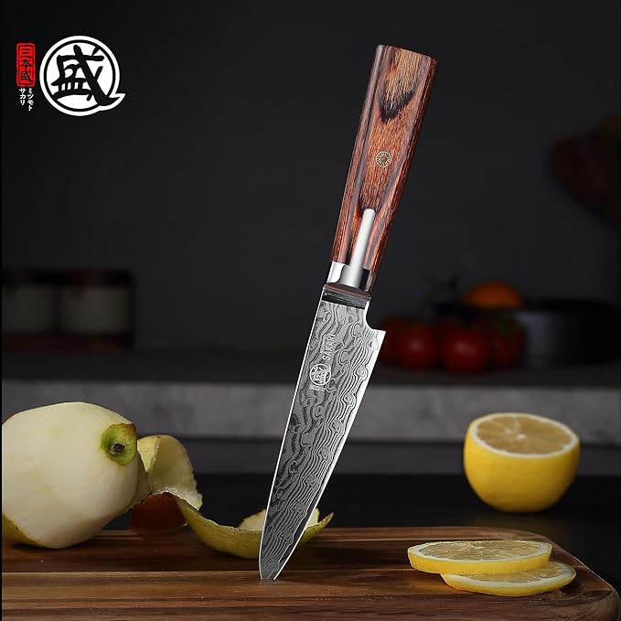 MITSUMOTO SAKARI Paring Knife 4.5 inch, S301 Damascus Steel Precision Fruit & Vegetable Knife (Hand Forged)