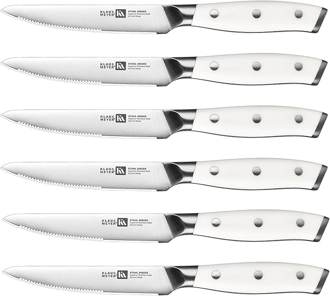 Klaus Meyer Stahl High Carbon Exclusive German Steel 4.5 inch 6 Piece Steak Knife Set (White)