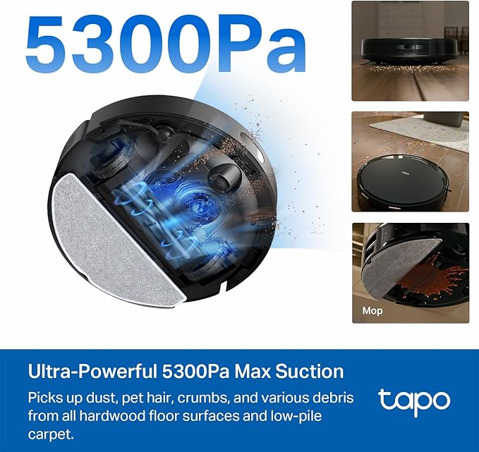 Tapo Ultra-Slim LiDAR Smart Navigation Robot Vacuum and Mop, 5300Pa Max, 97%+ Dust Pickup, Customizable Cleaning, Self-Charging, Works w/Alexa & Google Home, RV20 Max