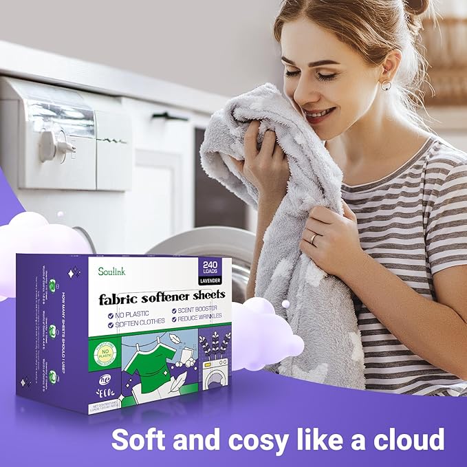 Soulink Fabric Softener Sheets for Washing Machine, No Plastic Jug Soap Strips, Alternative to Fabric Softener Liquid and Pods, Lavender Scent, Up to 240 Loads
