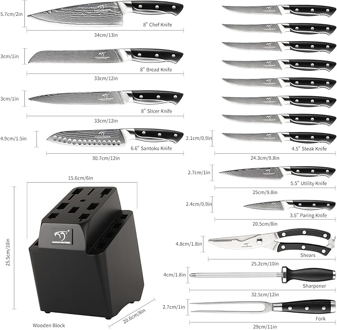 18 Pieces Damascus Kitchen Knife Set, 8 Piece Steak Knives, Non-slip ABS Ergonomic Triple Rivet Handle for Meat Fork, Knife Sharpener and Shears, 17 Slots Wooden Knife Block