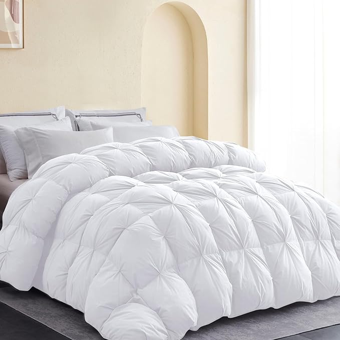 SNOWMAN Premium Down Comforter Queen Size, Luxurious All Season Duvet Insert with Cotton Blended Fabric, 37oz Fill Weight Pinch Pleat Design Hotel Bedding Comforter (White,90"x90")