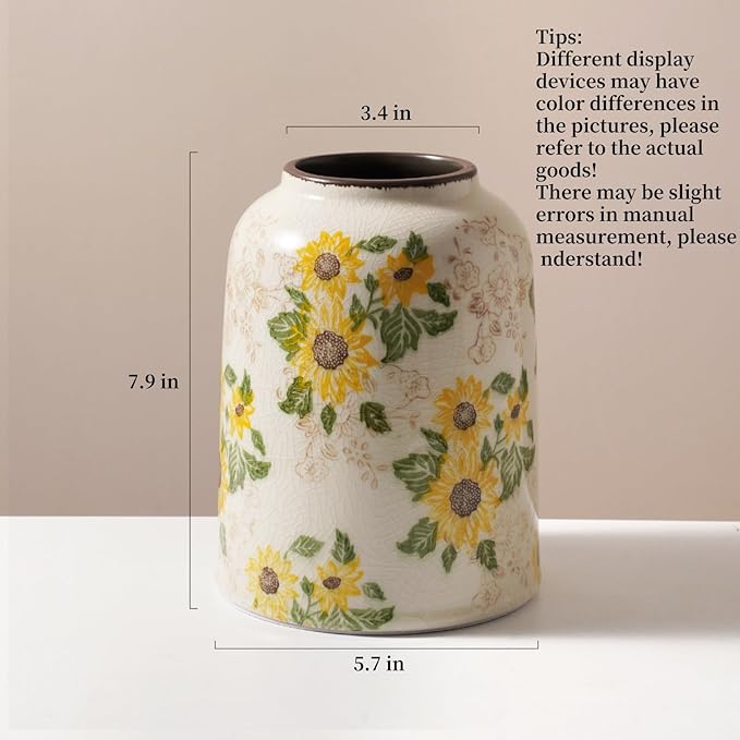 Levvohd Vintage Ceramic Vase, 7.9 Inch Chinoiserie Sunflower Yellow Floral Vases, Retro Ice Cracked Rustic Antique Flower Vases for Modern Coffee Table Home Decor (Medium Cylinder)