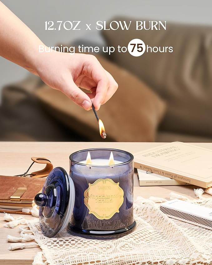 M&SENSE Sandalwood Vanilla Scented Candle for Home, Natural Organic Soy Wax, Jar Candle 12.7oz 75H Long Lasting Slow Burning, Highly Scented Relaxing Aromatherapy Candles Stress Relief, Father Gift