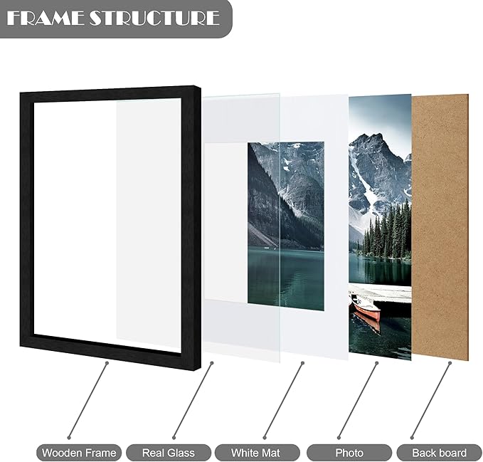 8x12 Black Picture Frames set of 3, Made of Wooden and Glass Photo frame - Displays 6x8 Picture with Mat or 8 x 12 Poster without Mat, Desktop & Wall Collage Frame set