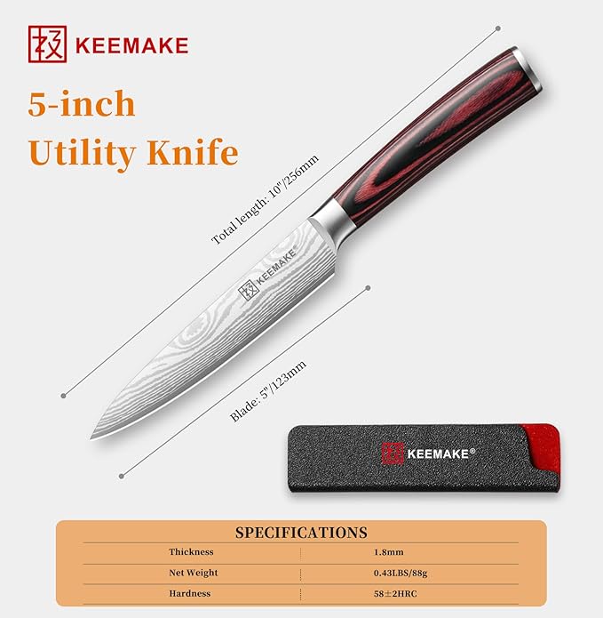 KEEMAKE Kitchen Utility Knife, 5 Inch Paring Knife, Ultra Sharp High Carbon Stainless Steel, Tomato Knife for Fruit and Vegetable Cutting with Ergonomic Handle, Chef Knife for Kitchen