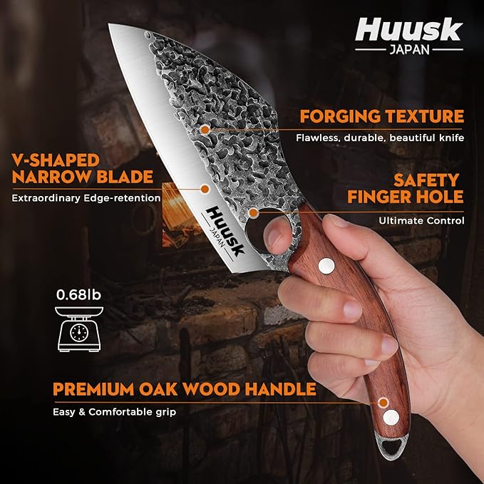 Huusk Hand Forged Meat Cleaver - Butcher Knife for Meat Cutting, Japanese Kitchen Viking Knife with Sheath, Cooking Knives for Kitchen and Outdoor Camping, Thanksgiving Christmas Gifts